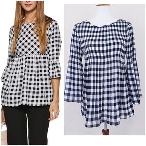 Black White Gingham Plaid Check Ruffle Sleeve Stretchy Blouse Size Small